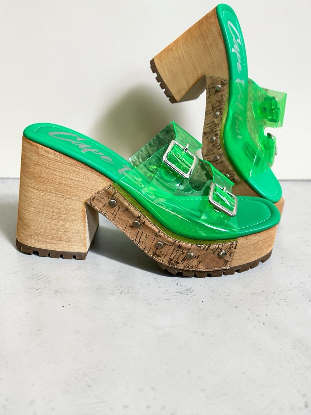 Cape Robbin Neon Green Lucite Double Buckle Platform Mules